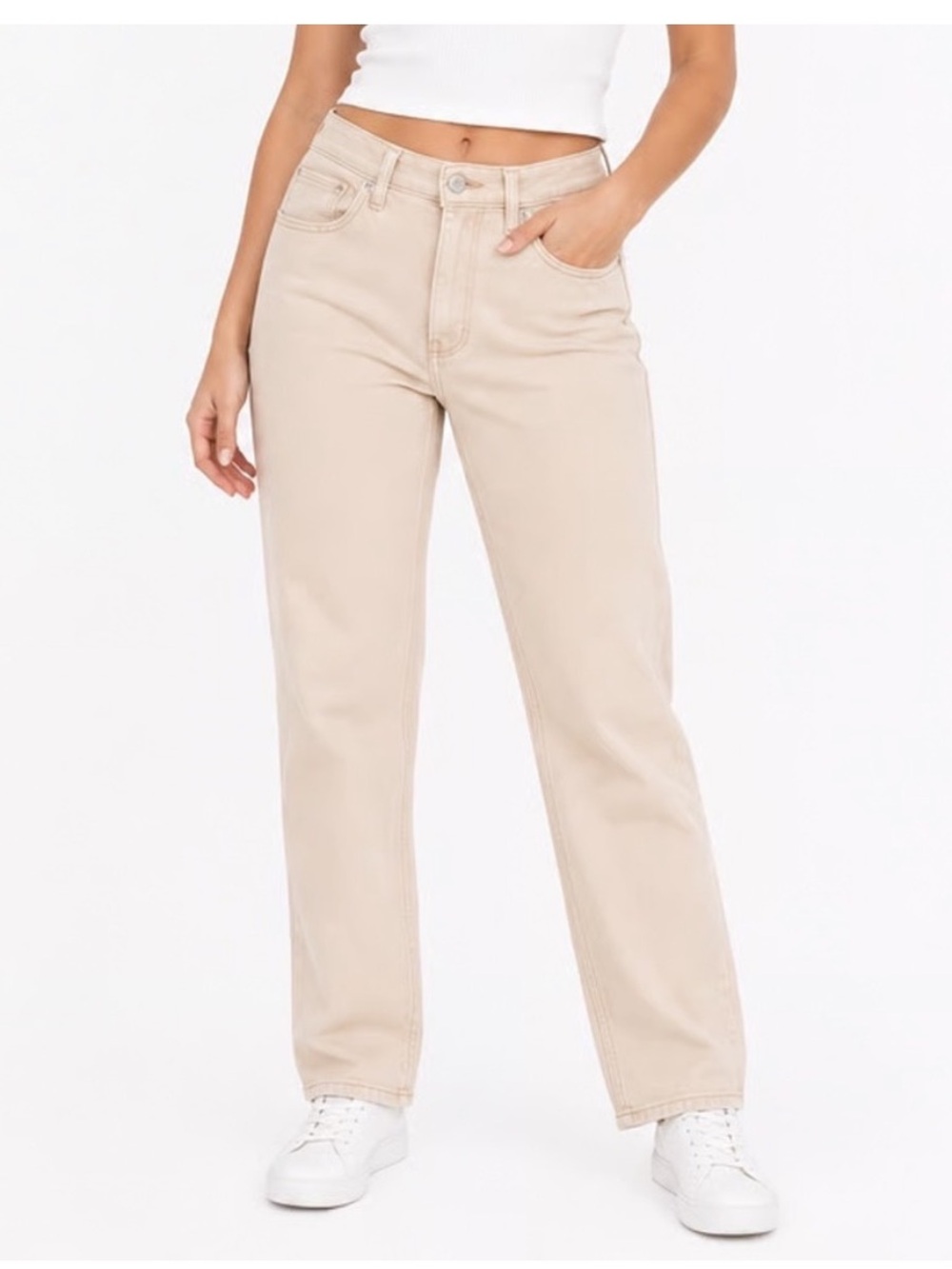 Hollister Curvy High Rise Mom Jean Vintage Stretch Cream Tan